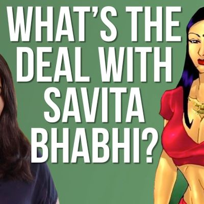 Against a green backdrop, the picture of a woman beside the picture of the eponymous character 'savita bhabhi'