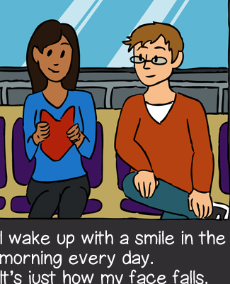 Illustration of a man and woman having a conversation. The woman is smiling.
