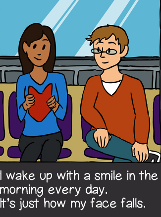 Illustration of a man and woman having a conversation. The woman is smiling.