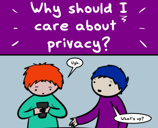 An excerpt from a comic, two people stare at their phones and the text above them reads, 'why should we care about privacy'?
