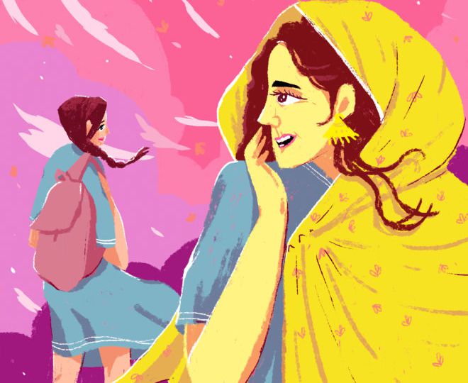 beginner's guide to being bisexual muslim: an illustration of a woman staring at another woman