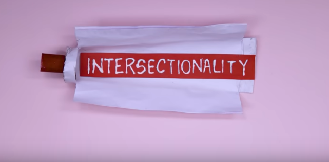 A still from the video which says 'intersectionality'