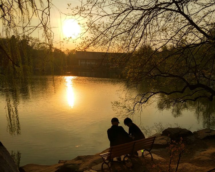 In the image, two people are sitting on a bench near a lake. The Sun is shining brightly and its reflection can be seen on the lake. A white and red coloured house can also be seen