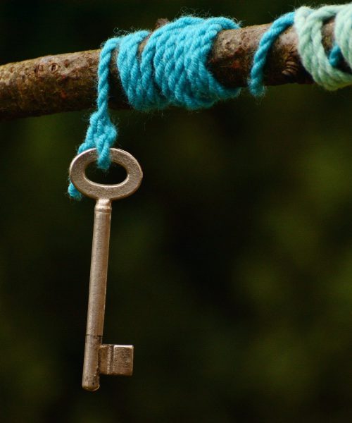 A key hanging off blue thread draped around a branch