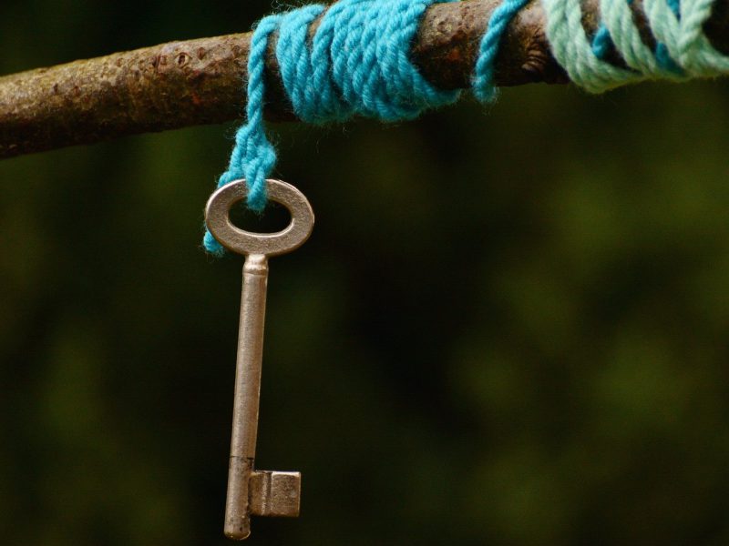 A key hanging off blue thread draped around a branch