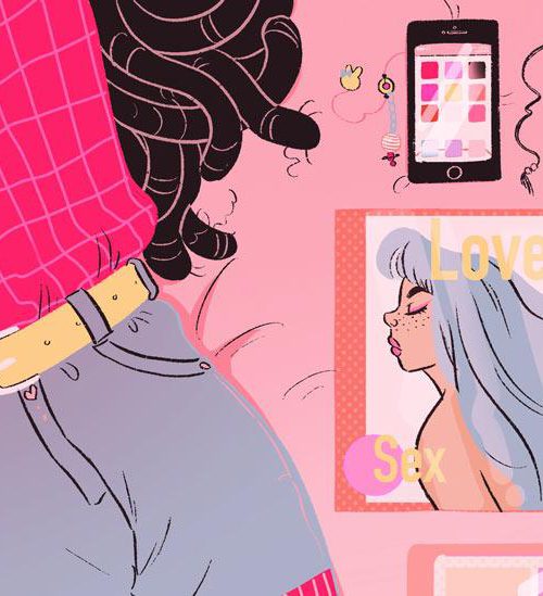 An illustration with a pink background. To the left, the torso of an individual with long hair, wearing a shirt, belt and shorts is visible. To the right are a smartphone, diary and a magazine that has a woman's face and the typography: 'Love' and 'Sex'.