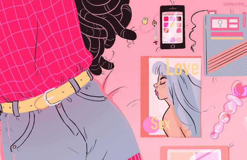 An illustration with a pink background. To the left, the torso of an individual with long hair, wearing a shirt, belt and shorts is visible. To the right are a smartphone, diary and a magazine that has a woman's face and the typography: 'Love' and 'Sex'.