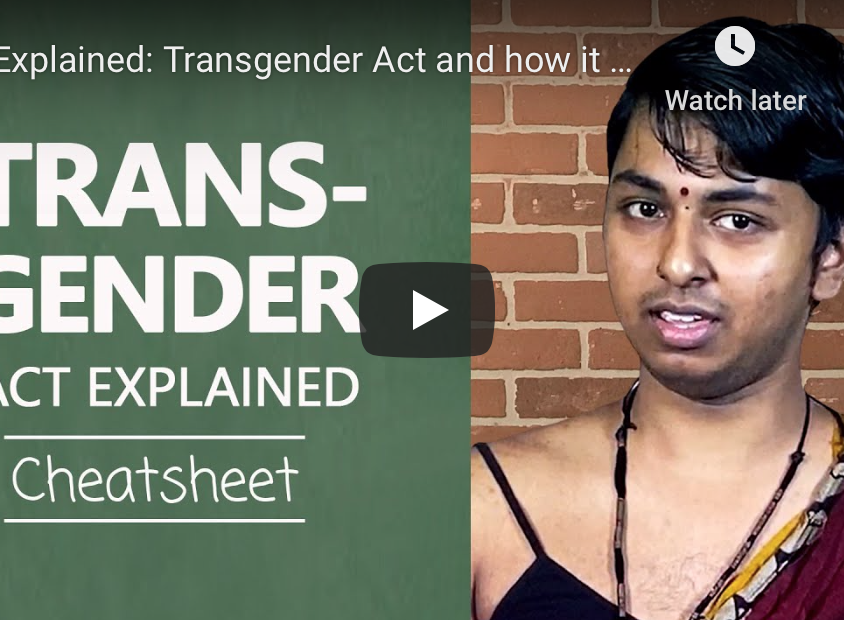 A screenshot of the video. It shows trans rights activist Kanmani Ray on the right side and on the left, a green-board design with the typography: TRANSGENDER ACT EXPLAINED, CHEATSHEET