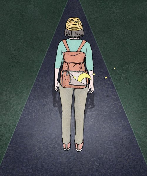 An illustration of a woman walking on an empty street at night, with a backpack from which a crescent moon and stars are emerging.