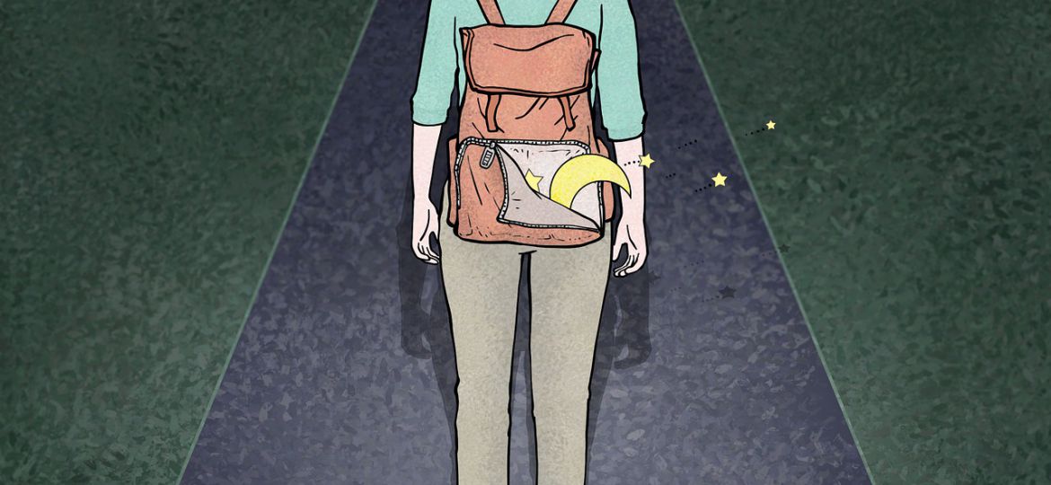 An illustration of a woman walking on an empty street at night, with a backpack from which a crescent moon and stars are emerging.