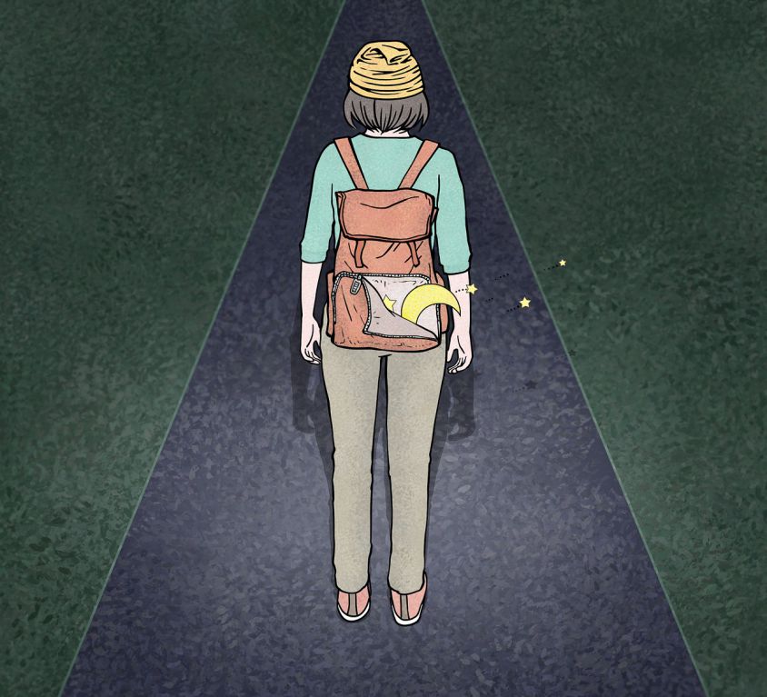 An illustration of a woman walking on an empty street at night, with a backpack from which a crescent moon and stars are emerging.