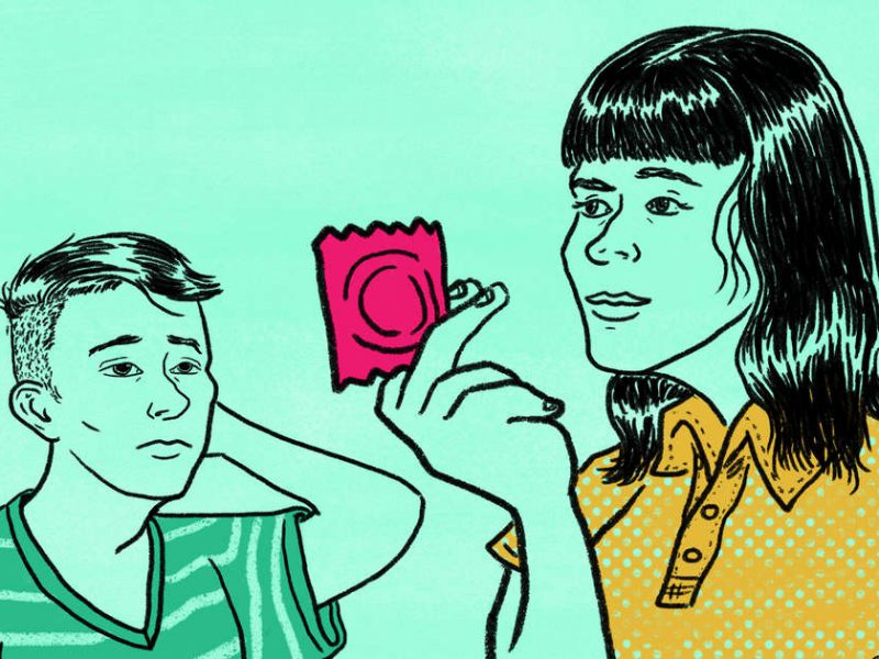 An illustration, on a green background, of a woman and a man. The woman is holding up a condom wrapped in red.