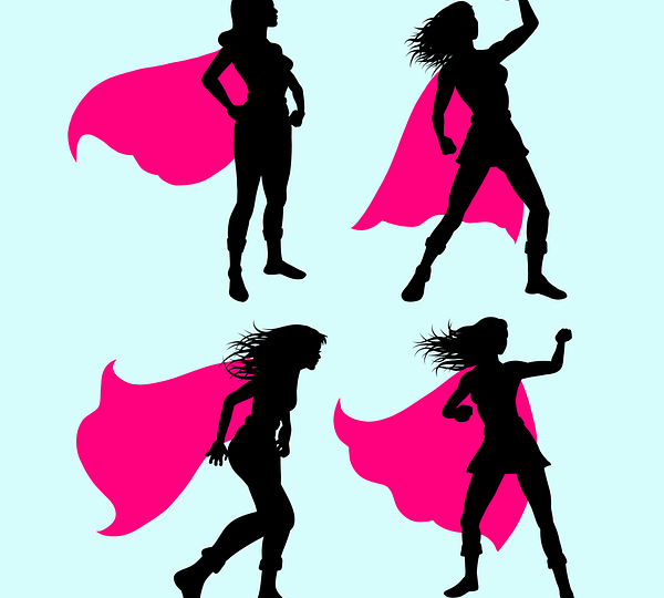 Four illustrations on a light blue background of a woman’s silhouette wearing a pink cape in different, traditionally masculine poses.