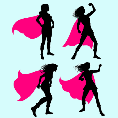Four illustrations on a light blue background of a woman’s silhouette wearing a pink cape in different, traditionally masculine poses.