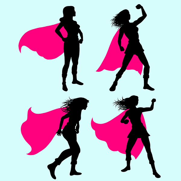 Four illustrations on a light blue background of a woman’s silhouette wearing a pink cape in different, traditionally masculine poses.