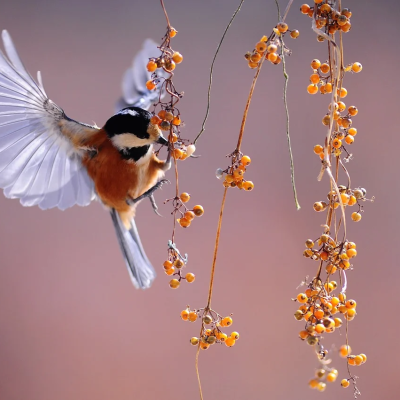 A small bird fluttering around a branch with orange berries, picking at one