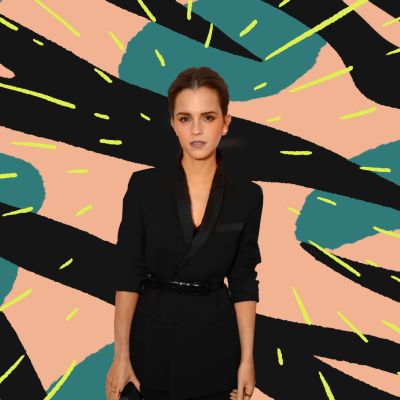 On a pick background with blue spots and black stripes, a photo of actor Emma Watson is superimposed with yellow lines drawn around her.
