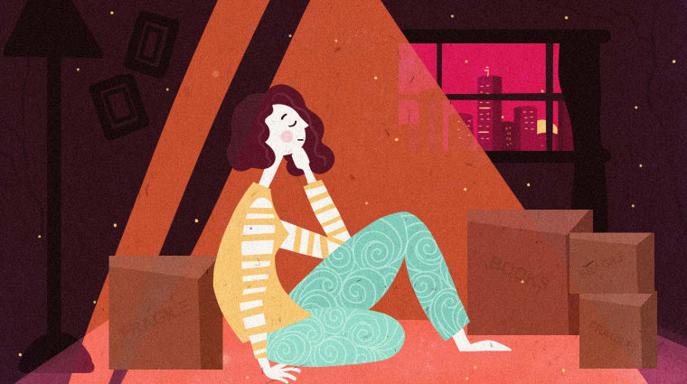 An illustration of a woman sitting in an unfurnished house by herself, framed by a window looking out into the night in a city. Around the woman, there are unopened boxes marked ‘FRAGILE’.