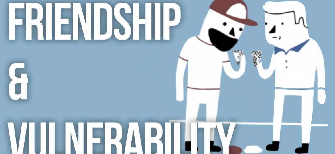 Poster image of the video ‘Friendship and Vulnerability’. Drawing of two people eating ice cream can be seen in the image. On the left side is written Friendship and Vulnerability in capital letters