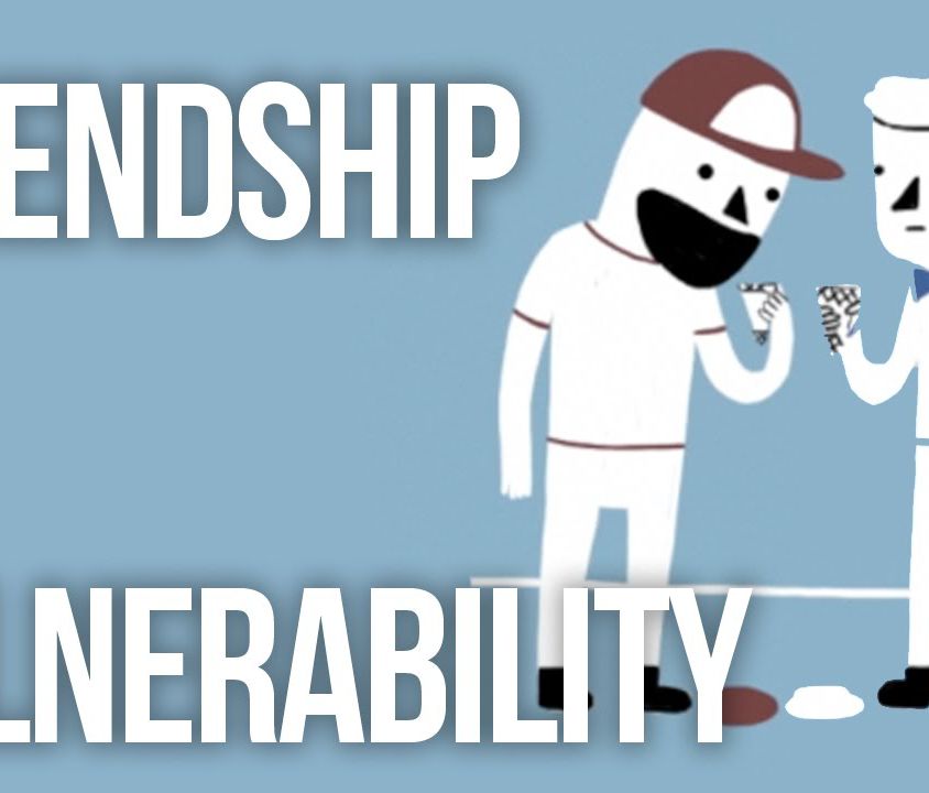 Poster image of the video ‘Friendship and Vulnerability’. Drawing of two people eating ice cream can be seen in the image. On the left side is written Friendship and Vulnerability in capital letters