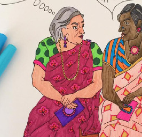 A photograph of a pen-and-paper illustration of two women, depicted as stereotypical ‘Auntys’ in the Indian context, talking to each other.