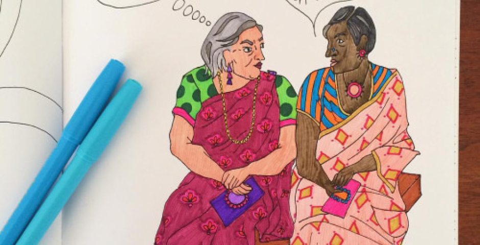 A photograph of a pen-and-paper illustration of two women, depicted as stereotypical ‘Auntys’ in the Indian context, talking to each other.