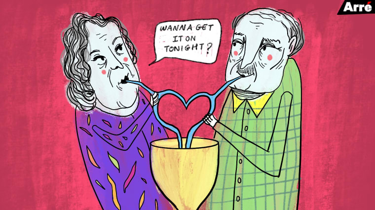Drawing of an older couple drinking from a cup with two straws shaped like a heart on a pink background. One of them is dressed in purple and asks “Wanna get it on tonight?” The other person is wearing a green checked shirt with yellow color. Aree logo can be seen on the top right of the drawing.