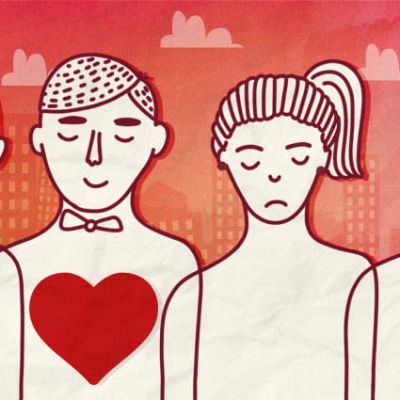 A drawing of four people in a red background. Behind them are drawings of buildings and clouds. The four faces have different expressions on them- two can be seen smiling, the third person has a neutral expression and the fourth person has a sad expression. Three hearts are also drawn on the first, second and the fourth person.