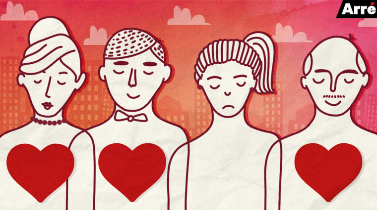 A drawing of four people in a red background. Behind them are drawings of buildings and clouds. The four faces have different expressions on them- two can be seen smiling, the third person has a neutral expression and the fourth person has a sad expression. Three hearts are also drawn on the first, second and the fourth person.