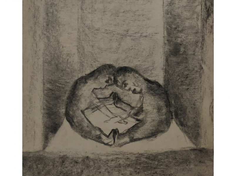 Sketch of two persons sitting with their heads, hands, and legs touching each other