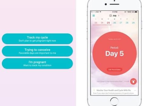 A graphic design. A white iPhone on the right and a pink screen-like background on the left. On the iPhone display, a big red dot saying 'Day 5' in white text and a calendar at the top. On the left, there are three blue chat bubbles with white text. The first says, 'Track my cycle' and under it, 'Don't plan to get pregnant right now'. The second bubble says, 'Trying to conceive' and under it 'Favourable days are important to me' and the third says, 'I'm pregnant' and under it, 'Want to track my condition'.