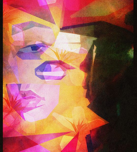 Abstract art, coloured in shades of olive green, black, peach, pink, yellow, orange, and purple. It appears to show two silhouettes, to the left are distinct parts of a woman's face and to the right a darker silhouette looking at these parts.