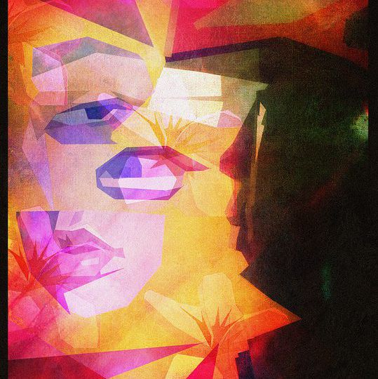 Abstract art, coloured in shades of olive green, black, peach, pink, yellow, orange, and purple. It appears to show two silhouettes, to the left are distinct parts of a woman's face and to the right a darker silhouette looking at these parts.