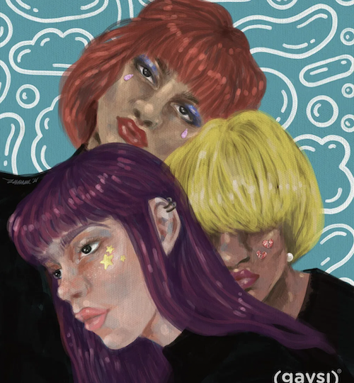 An illustration of three women against a blue background with bubbles in white. The three women are looking in different directions and close together. The front-most woman has long purple hair and is wearing a black top. Her face is turned towards the left. The woman behind her has short yellow-blonde hair and her eyes are not visible. She is wearing a black top too. The woman behind both is staring into the camera and has purple eyeshadow. She has short copper hair. On the right-most corner, in white letters, is written "(gaysi)"