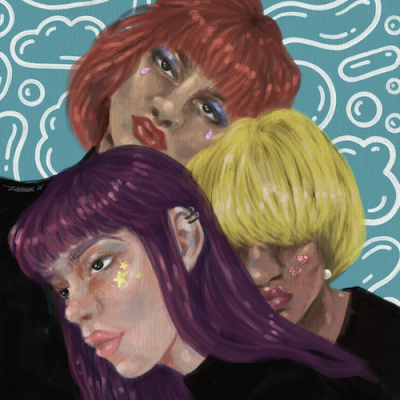 An illustration of three women against a blue background with bubbles in white. The three women are looking in different directions and close together. The front-most woman has long purple hair and is wearing a black top. Her face is turned towards the left. The woman behind her has short yellow-blonde hair and her eyes are not visible. She is wearing a black top too. The woman behind both is staring into the camera and has purple eyeshadow. She has short copper hair. On the right-most corner, in white letters, is written "(gaysi)"