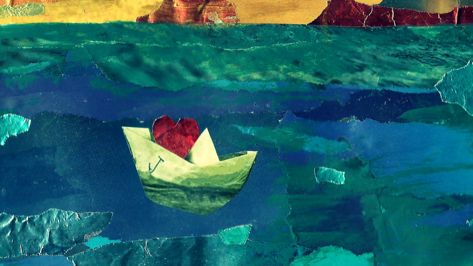 An abstractly made illustration of a landscape with mountains depicted in yellow, and below, a blend of green-blue to depict oceans. The texture of the colours evokes waves as well as ice. On the left is a paper boat, yellow-white with blue-green hues, carrying a red rose-like flower in the middle.