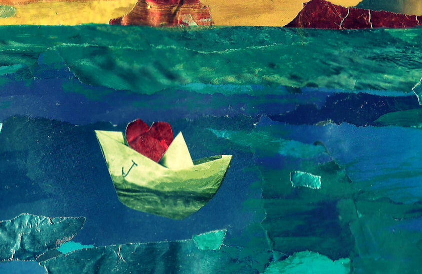 An abstractly made illustration of a landscape with mountains depicted in yellow, and below, a blend of green-blue to depict oceans. The texture of the colours evokes waves as well as ice. On the left is a paper boat, yellow-white with blue-green hues, carrying a red rose-like flower in the middle.