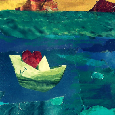 An abstractly made illustration of a landscape with mountains depicted in yellow, and below, a blend of green-blue to depict oceans. The texture of the colours evokes waves as well as ice. On the left is a paper boat, yellow-white with blue-green hues, carrying a red rose-like flower in the middle.