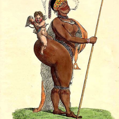 An illustrated poster depicting a black woman with exaggerated body parts, wearing a yellow bandana, carrying a stick in her left hand, and facing sideways. She is wearing a patterned half-robe and smoking. On her hip rests Cupid, toying with their bow, and a speech bubble saying 'Take care of your Hearte' in cursive. They are on a green path of grass.