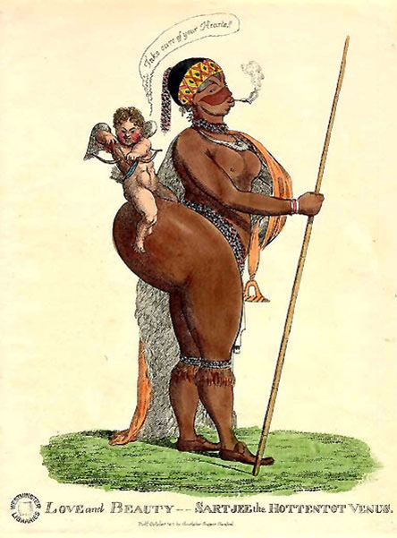 An illustrated poster depicting a black woman with exaggerated body parts, wearing a yellow bandana, carrying a stick in her left hand, and facing sideways. She is wearing a patterned half-robe and smoking. On her hip rests Cupid, toying with their bow, and a speech bubble saying 'Take care of your Hearte' in cursive. They are on a green path of grass.