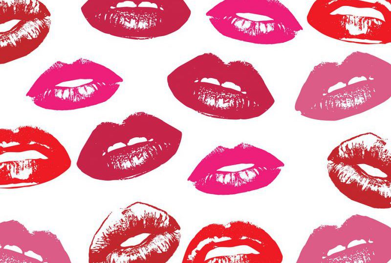 On a white background, digital art of lips: light pink, mauve, red, and magenta.