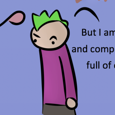A screenshot from Robot Hugs' comic. The background is purple and has a figure wearing a darker purple shirt and grey pants. Their hair is green and they are looking curiously and confusedly at the illustration of the female reproductive system to their left. The figure of the reproductive system is coloured in light and dark shades of pink and has a black question mark in the middle. The text, to the right of the figure, says "But I am already whole and complete, and I am not full of empty spaces."