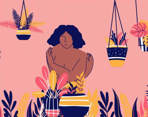 On a pink background, an illustration of a person of colour with black curly hair. On each side are plants, hanging and potted including leaves, cacti, and flowers. The person's arms are wrapped around their torso.