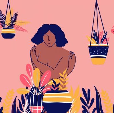 On a pink background, an illustration of a person of colour with black curly hair. On each side are plants, hanging and potted including leaves, cacti, and flowers. The person's arms are wrapped around their torso.