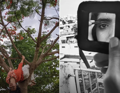 A set of two photographs, on the left a coloured photograph of a woman hanging from a tree with orange flowers, on the right a black and white photograph of a woman looking at her left eye in a hand-held mirror and applying make-up.