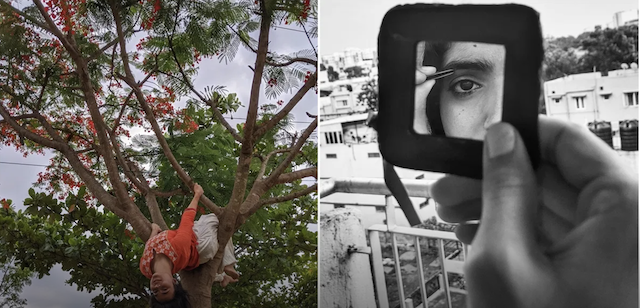 A set of two photographs, on the left a coloured photograph of a woman hanging from a tree with orange flowers, on the right a black and white photograph of a woman looking at her left eye in a hand-held mirror and applying make-up.