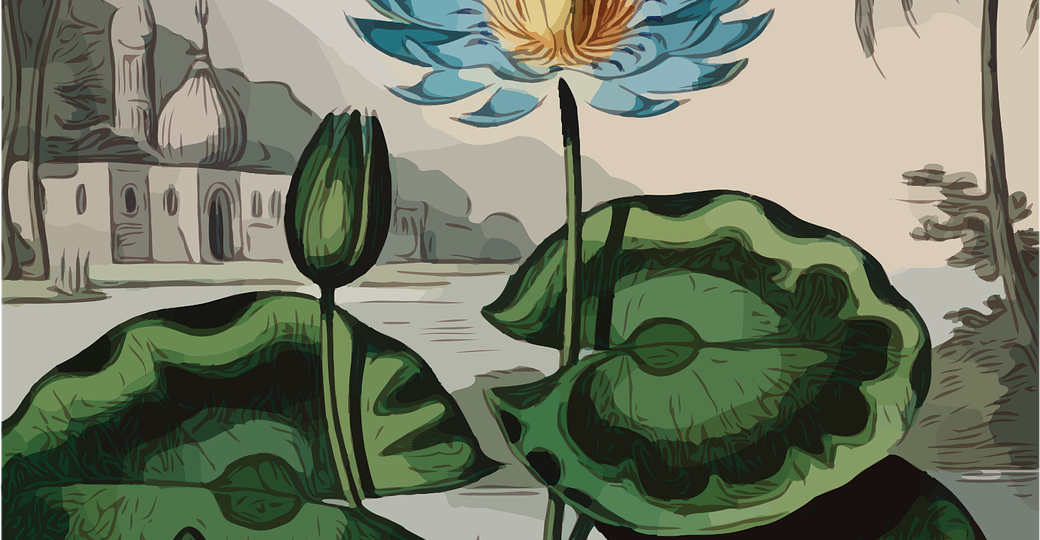 An illustration of a blue flower. The tips of its petals are dark blue and lighten as they meet at the yellow-brown centre. A long spindly green stem supports the flower and has three dark and light green round leaves and a dark green bud.. Behind it, on a grey-blue background is a cityscape dotted with buildings and palm trees with muted colour and grey overtones.