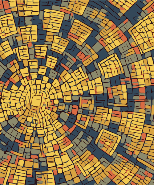 A graphic illustration of a pattern. The dominant colours are yellow, orange, grey, blue, and black. Blocks of colour emerge from a cluttered centre and emanate upwards.