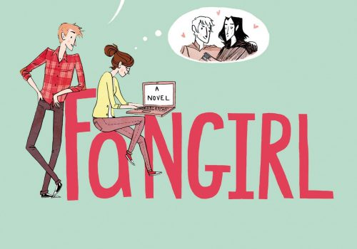 Against a mint-green background, the title ‘Fangirl’ is written in red colour. A guy is standing cross-legged with one of his hands at the hip and the other’s elbow on the letter ‘F’ of the title. There is a girl sitting on the letter ‘a’ with a laptop whose screen says ‘A Novel’, a thought bubble floating above her head, which shows two people surrounded by hearts, holding hands.