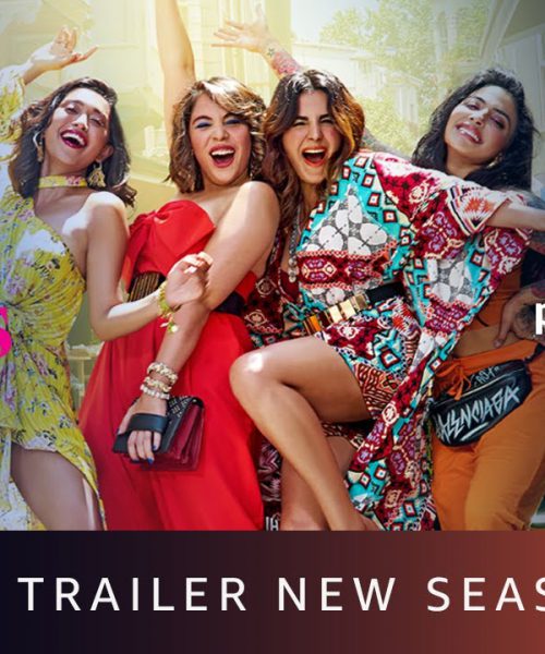 The poster of Four More Shots Please, featuring four women in Western clothing, posing, laughing, dancing and having fun.